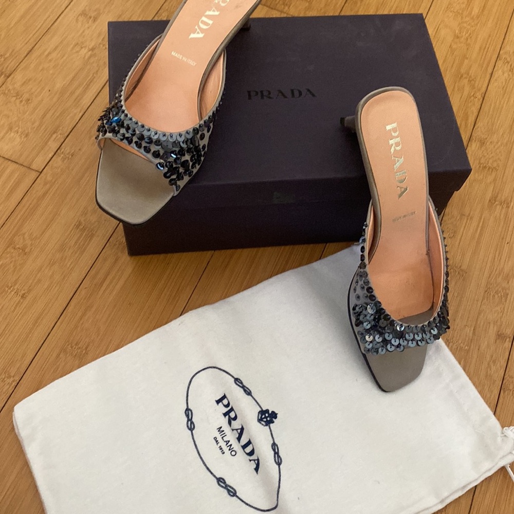 Prada Gray Sequin Embellished Slide Sandals - Picture 4 of 5